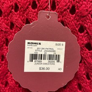 Red sweater. Brand: “SO”. Brand new with tag. size small.